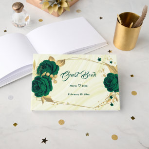 chic emerald green floral gold leaves geometric guest book