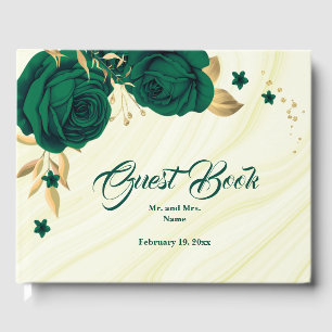 chic emerald green floral gold leaves guest book