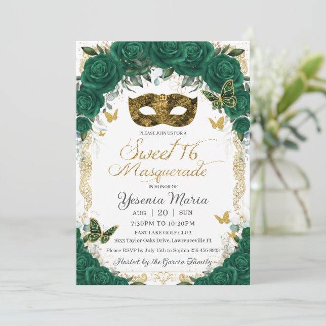 Chic Emerald Green Floral Gold Sweet 16 Masquerade Invitation (Standing Front)