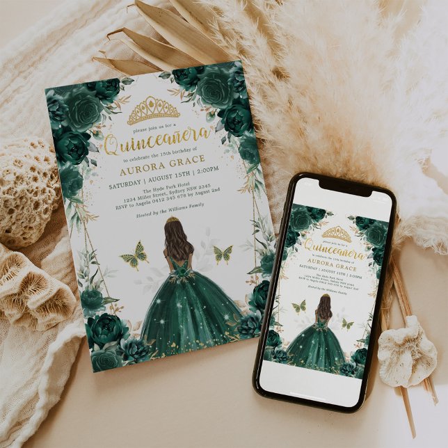 Chic Emerald Green Floral Quinceañera Princess Invitation (Creator Uploaded)