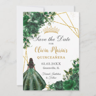 Chic Emerald Green Flowers Brown Girl Quinceañera Save The Date