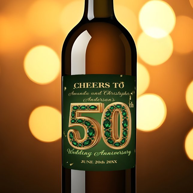 Chic Emerald Green & Gold 50th Wedding Anniversary Wine Label (Creator Uploaded)