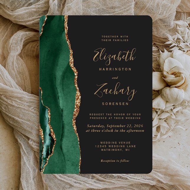 Chic Emerald Green Gold Agate Dark Rounded Wedding Invitation (Creator Uploaded)