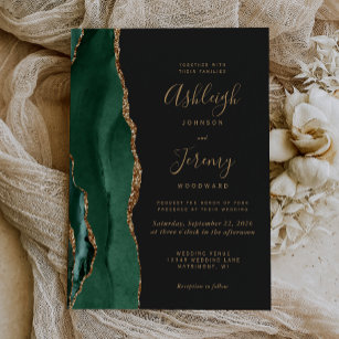 Chic Emerald Green Gold Agate Dark Wedding Invitation