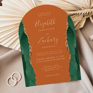 Chic Emerald Green Gold Agate Rust Arch Wedding Invitation