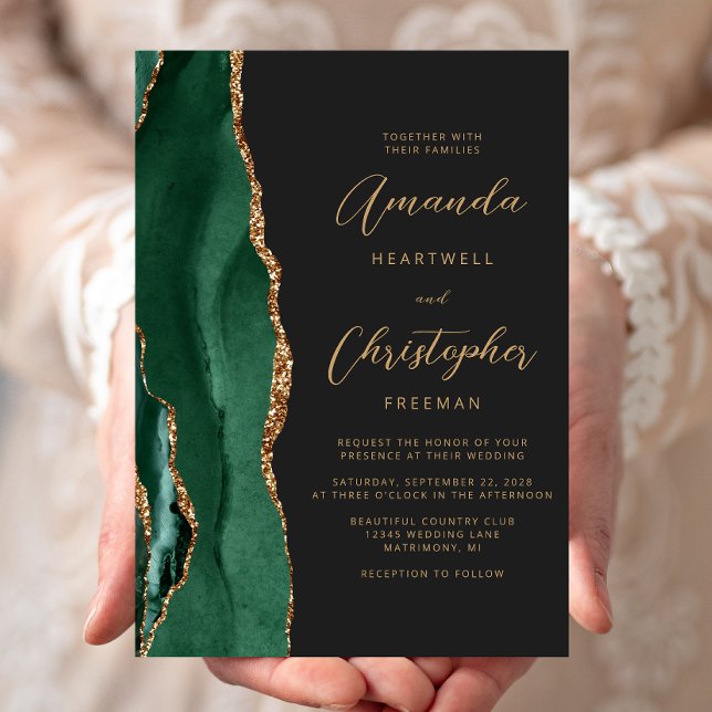 Chic Emerald Green Gold Agate Script Dark Wedding Invitation (Creator Uploaded)
