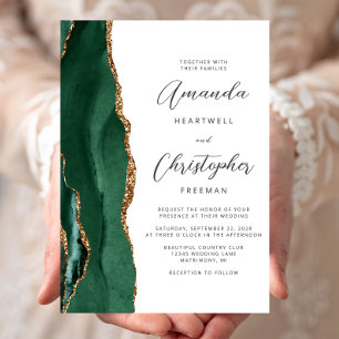 Chic Emerald Green Gold Agate Script Wedding Invitation