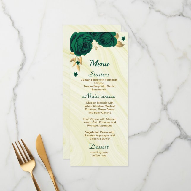 chic emerald green gold floral wedding menu (Front/Back In Situ)