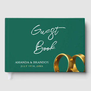 Chic Emerald Green Gold Rings Wedding Guest Book
