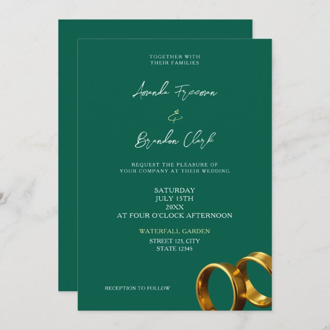 Chic Emerald Green Gold Rings Wedding Invitation (Front/Back)