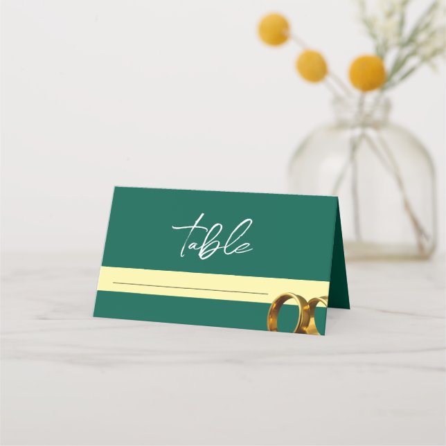 Chic Emerald Green Gold Rings Wedding Place Card (Front)