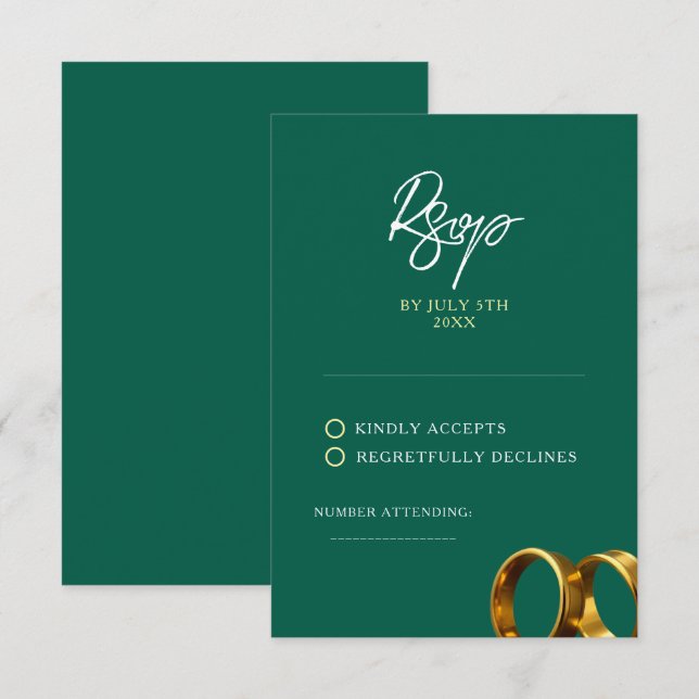 Chic Emerald Green Gold Rings Wedding RSVP Card (Front/Back)