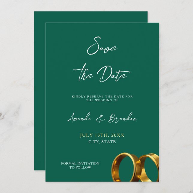 Chic Emerald Green Gold Rings Wedding Save The Date (Front/Back)