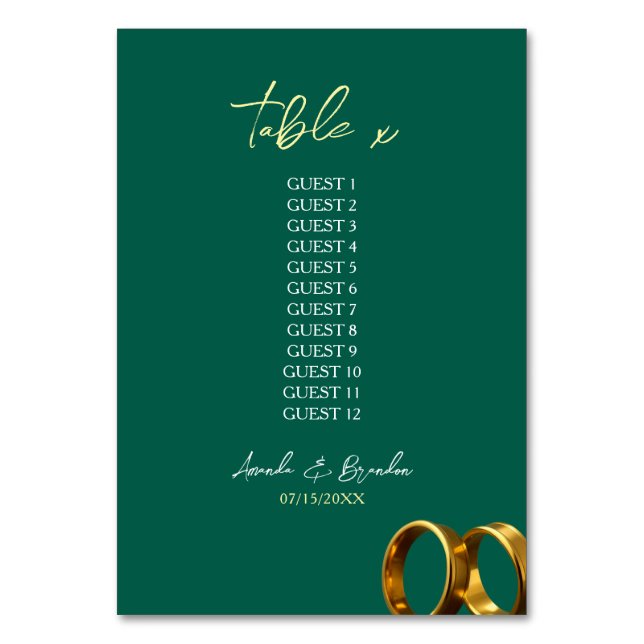 Chic Emerald Green Gold Rings Wedding Table Number (Front)