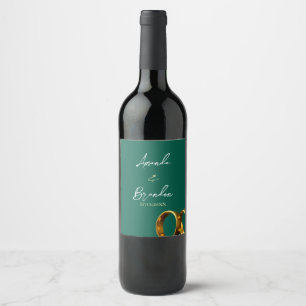 Chic Emerald Green Gold Rings Wedding Wine Label