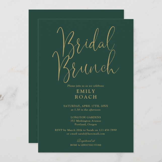 Chic Emerald Green Gold Script Bridal Bunch Shower Invitation (Front/Back)