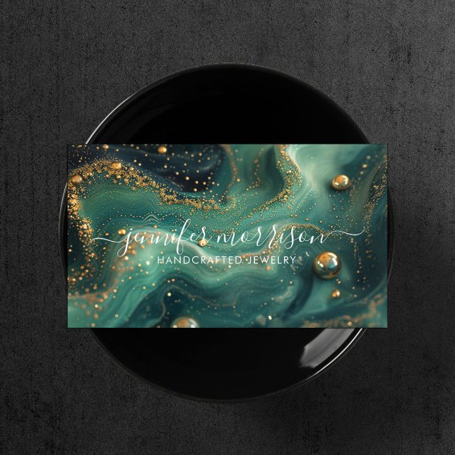 Chic Emerald Green Malachite Gold Glitter Jeweller Business Card (Creator Uploaded)