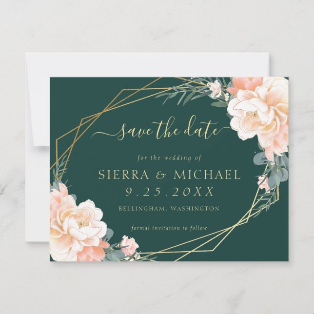 Chic Emerald Green Peach Gold Floral Save the Date Invitation (Front)