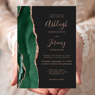 Chic Emerald Green Rose Gold Agate Dark Wedding Invitation