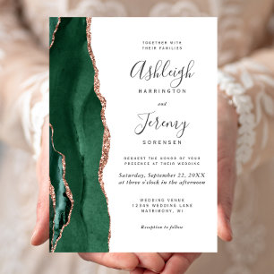 Chic Emerald Green Rose Gold Agate Wedding Invitation