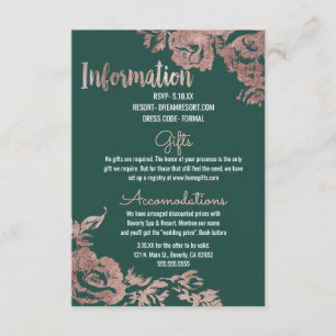 Chic Emerald Green Rose Gold Floral Information Enclosure Card