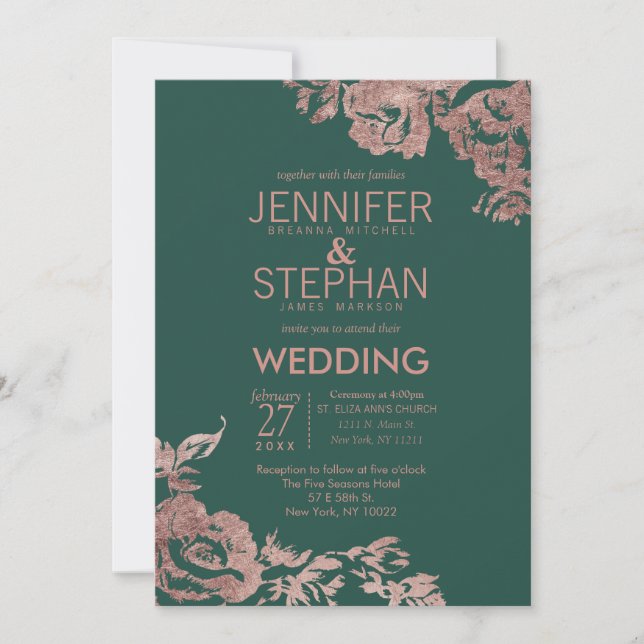 Chic Emerald Green Rose Gold Floral Wedding Invitation (Front)