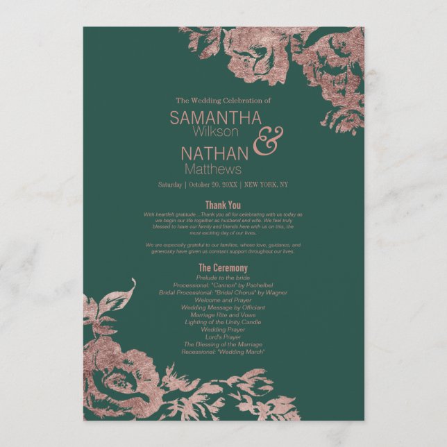 Chic Emerald Green Rose Gold Floral Wedding Programme (Front)