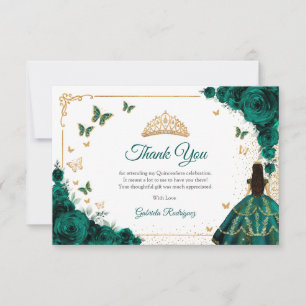 Chic Emerald Green Roses Gold Quinceanera Thank You Card