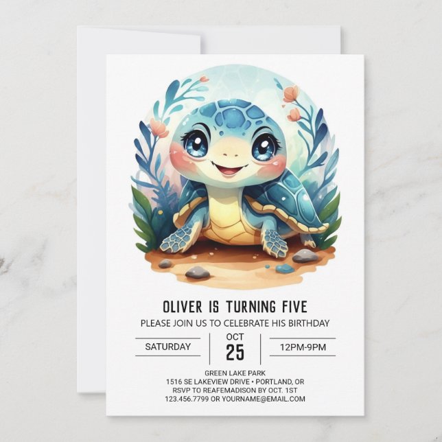 Chic Enchanted Blue Turtle Boy Birthday Invitation (Front)