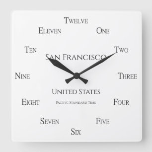Chic English Numbers Your Favorite City Time Zone Square Wall Clock