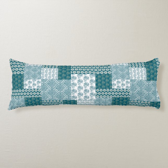 Chic Ethnic Faux Patchwork Pattern, Teal and White Body Cushion (Front)
