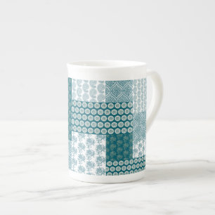 Chic Ethnic Faux Patchwork Pattern, Teal and White Bone China Mug