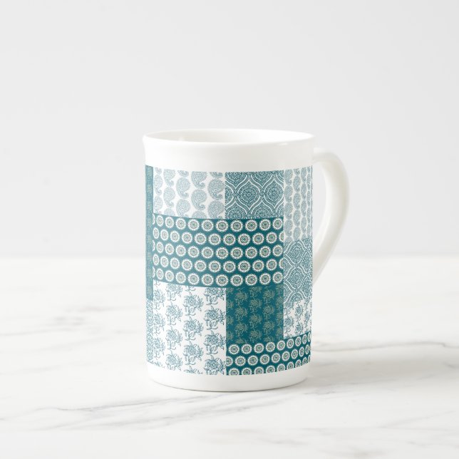 Chic Ethnic Faux Patchwork Pattern, Teal and White Bone China Mug (Front Right)