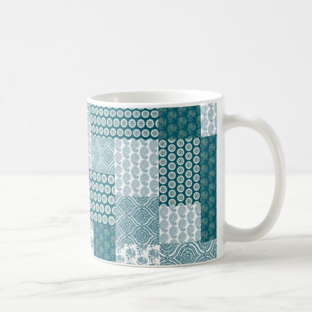 Chic Ethnic Faux Patchwork Pattern, Teal and White Coffee Mug (Right)