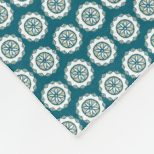 Chic Ethnic Faux Patchwork Pattern, Teal and White Fleece Blanket