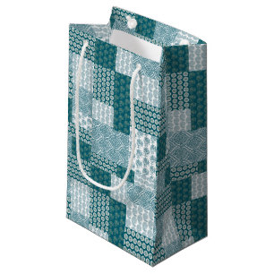 Chic Ethnic Faux Patchwork Pattern, Teal and White Small Gift Bag