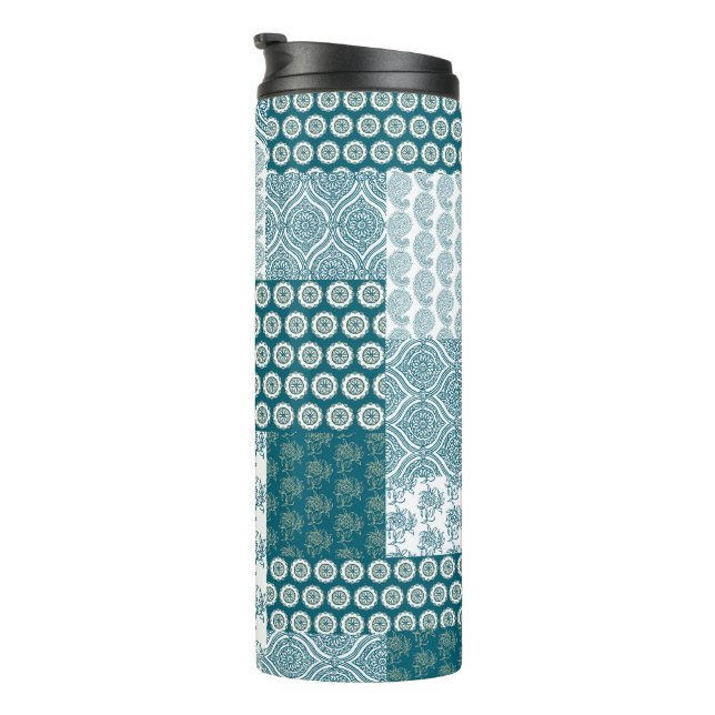 Chic Ethnic Faux Patchwork Pattern, Teal and White Thermal Tumbler (Rotated Right)