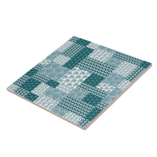 Chic Ethnic Faux Patchwork Pattern, Teal and White Tile (Side)