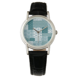 Chic Ethnic Faux Patchwork Pattern, Teal and White Watch