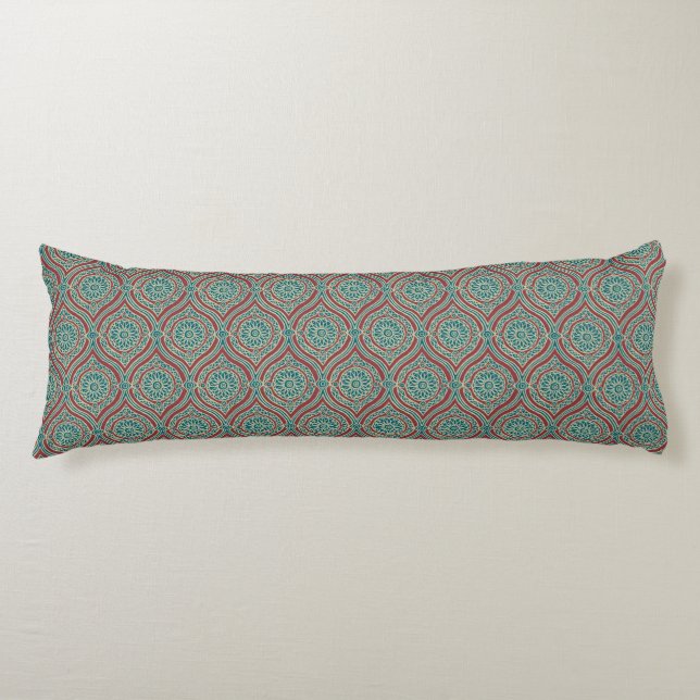 Chic Ethnic Ogee Pattern in Maroon, Teal and Beige Body Cushion (Front)