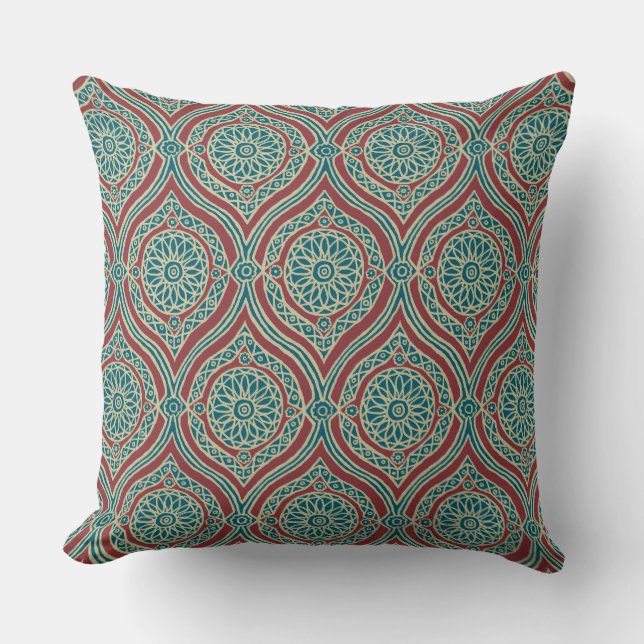 Chic Ethnic Ogee Pattern in Maroon, Teal and Beige Cushion (Front)