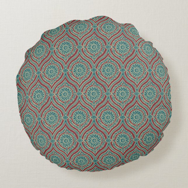 Chic Ethnic Ogee Pattern in Maroon, Teal and Beige Round Cushion (Back)