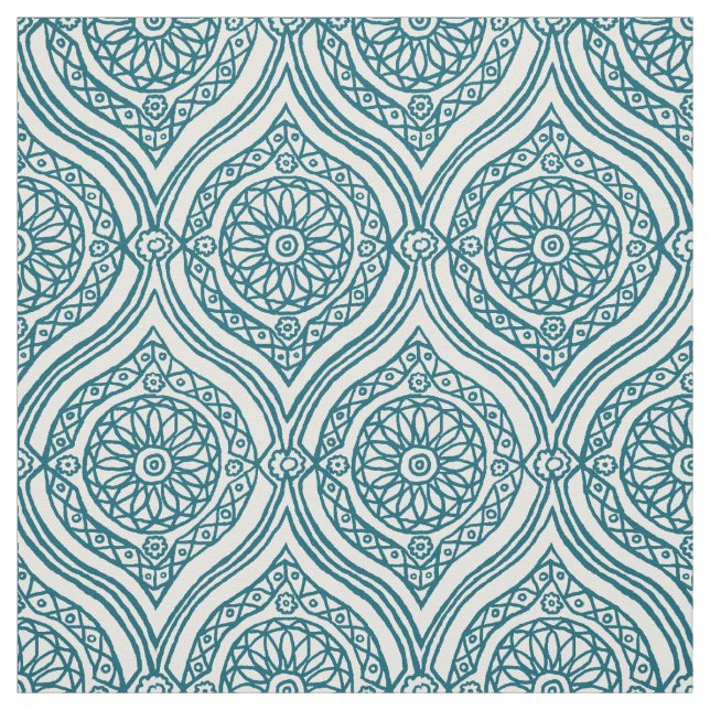 Chic Ethnic Ogee Pattern in Teal on White Fabric (Swatch)