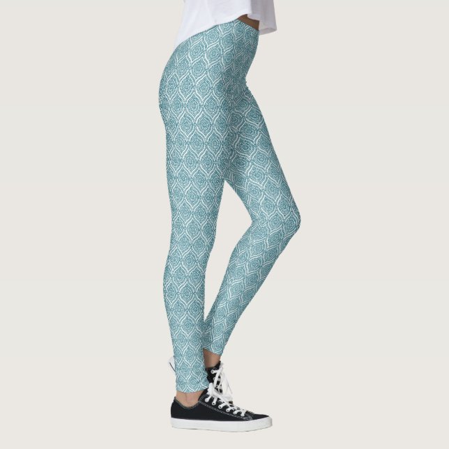 Chic Ethnic Ogee Pattern in Teal on White Leggings (Right)