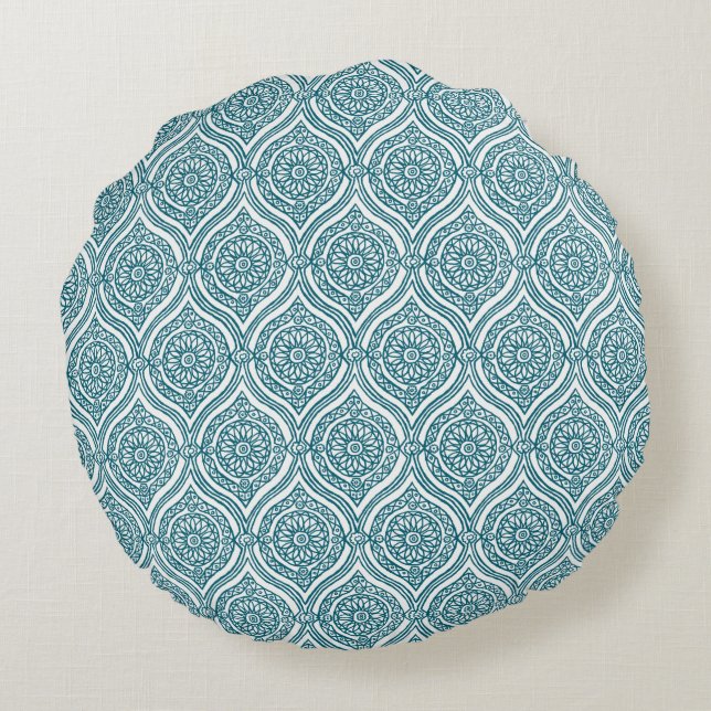 Chic Ethnic Ogee Pattern in Teal on White Round Cushion (Back)