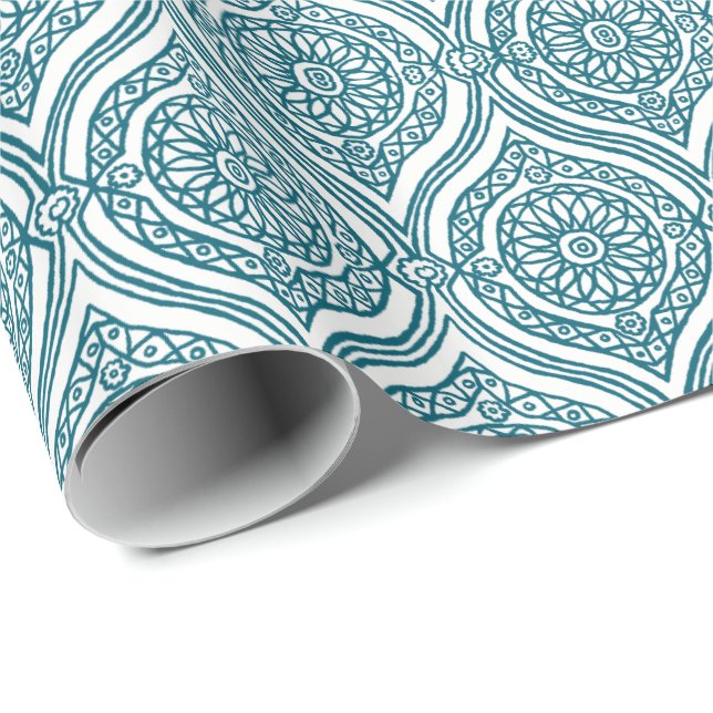Chic Ethnic Ogee Pattern in Teal on White Wrapping Paper (Roll Corner)