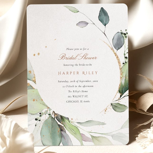 Chic Eucalyptus and Gold Glitter Bridal Shower Invitation (Creator Uploaded)