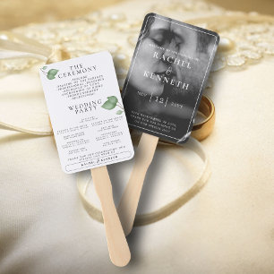 Chic Eucalyptus B&W Photo Wedding Ceremony Program Hand Fan