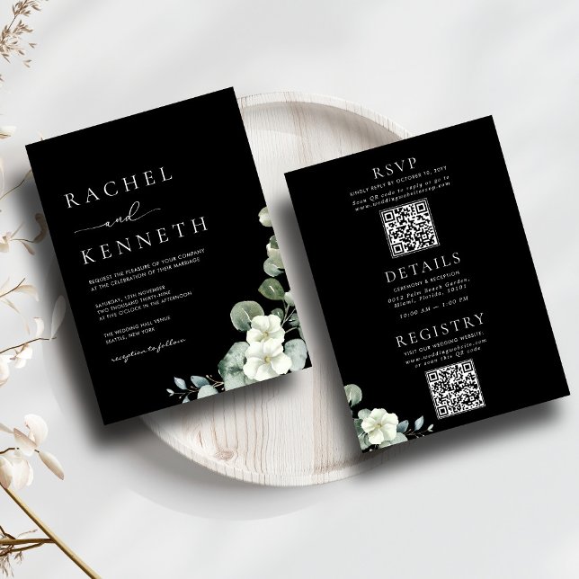 Chic Eucalyptus Black & White All in One Wedding Invitation (Creator Uploaded)