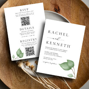Chic Eucalyptus Black & White All in One Wedding Invitation